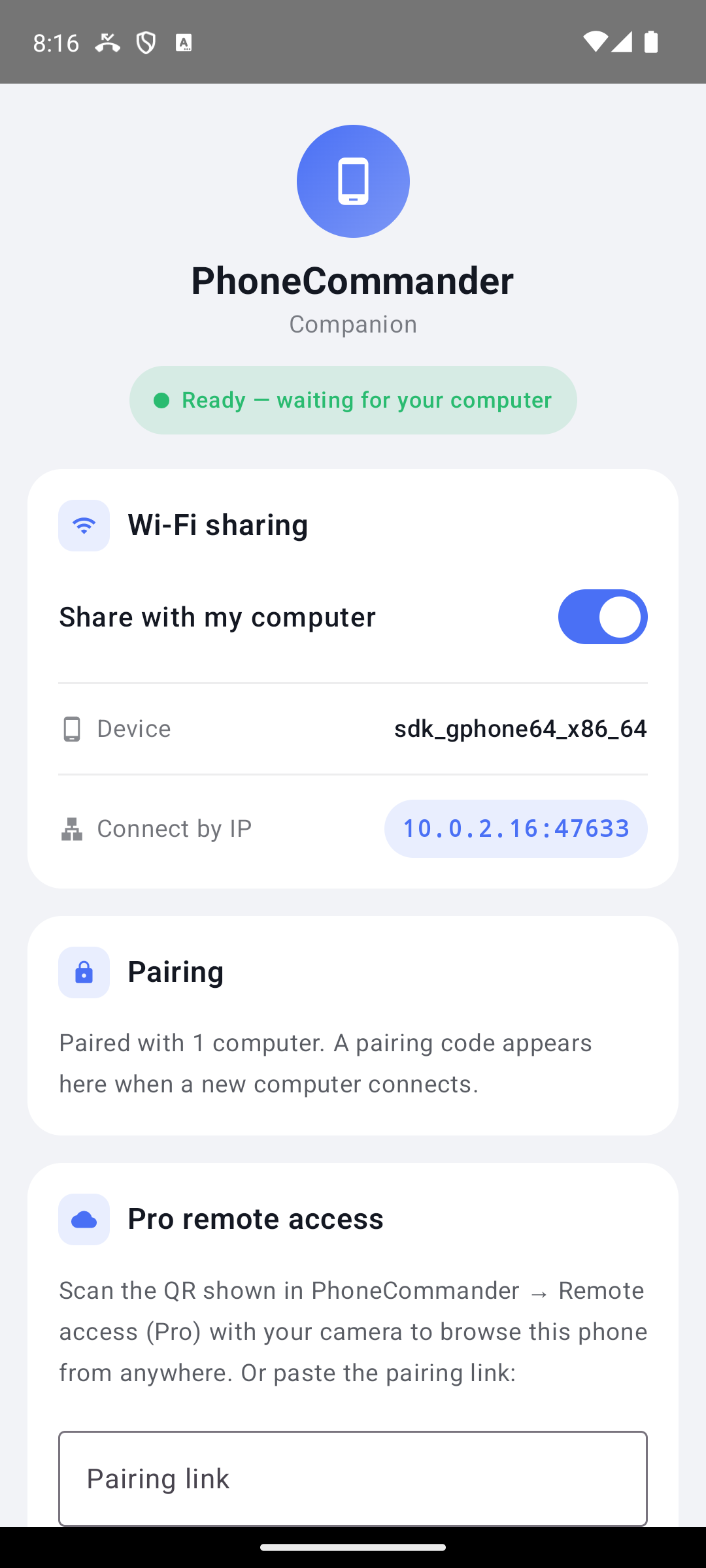 PhoneCommander companion app on Android