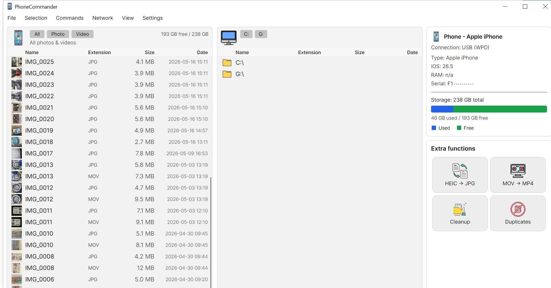 PhoneCommander on Windows showing a flat list of iPhone photos and videos